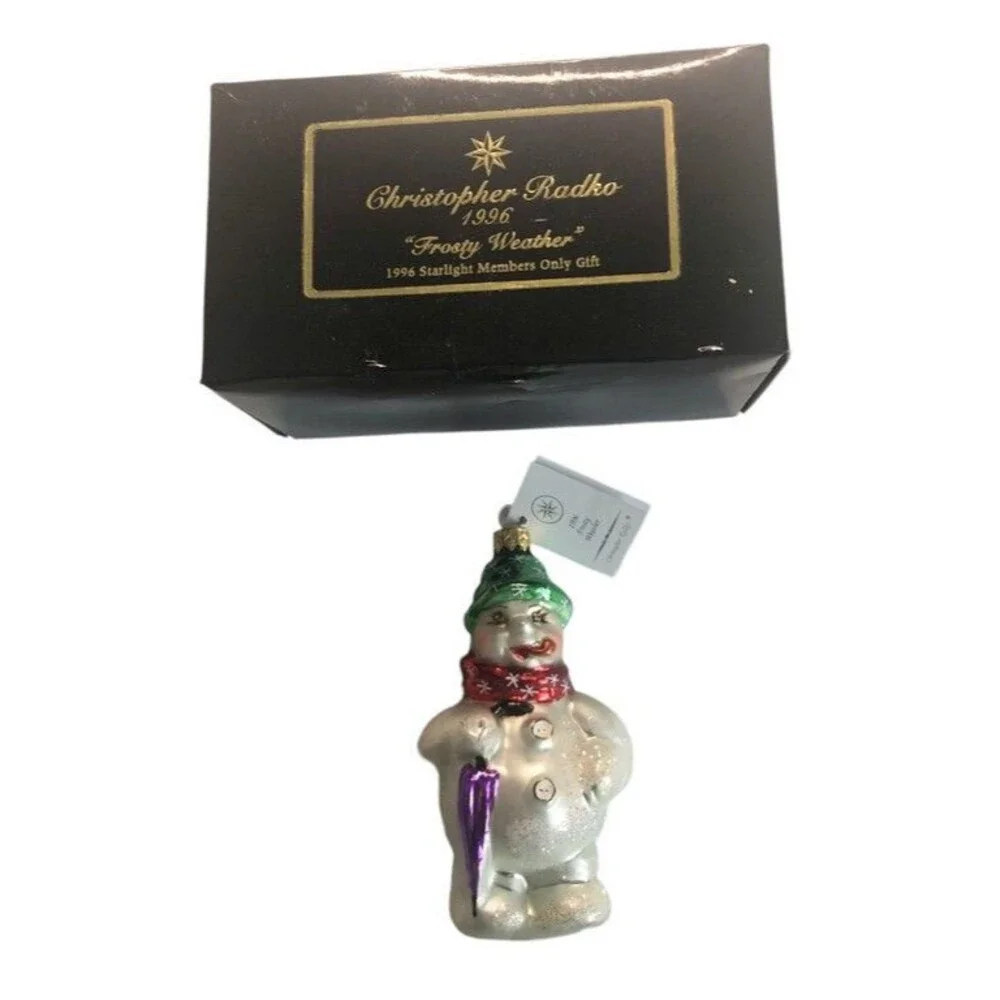 Vintage Christopher Radko Frosty Weather Snowman Christmas Ornament Tag Box 1996